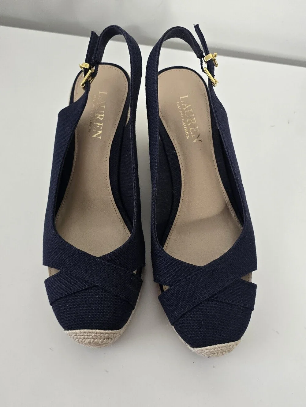 Lauren Ralph Lauren Navy Hadley Espadrille Wedge Canvas Sandals 8B Slingback